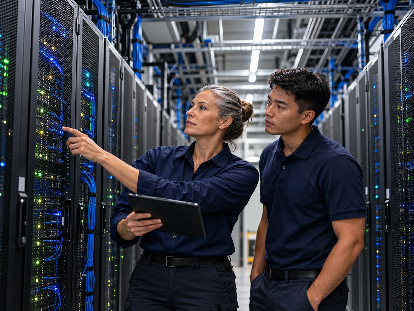 Two engineers reviewing server racks together in a data hall