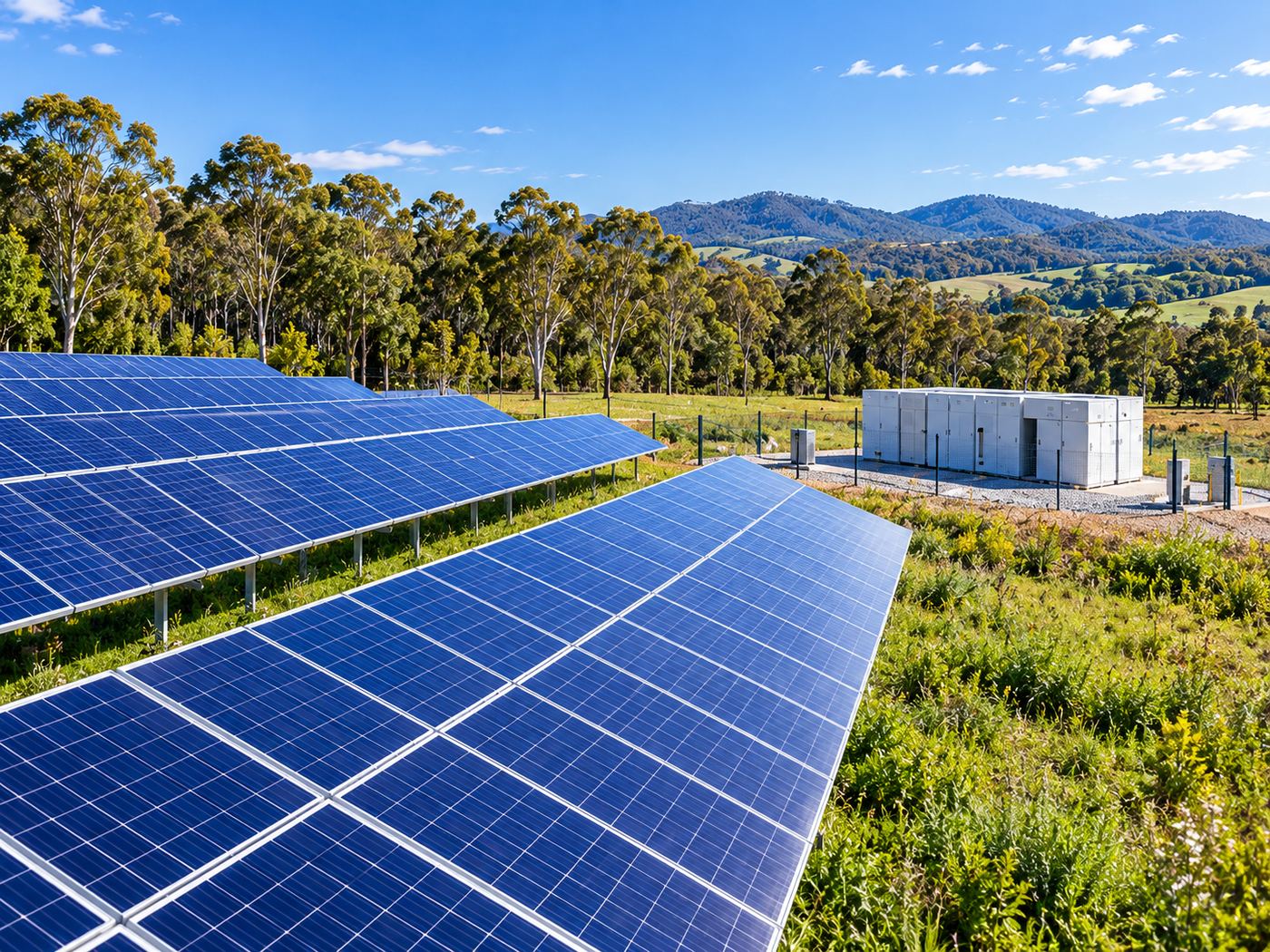 Rows of solar panels with a battery storage compound set among eucalypts and green hills