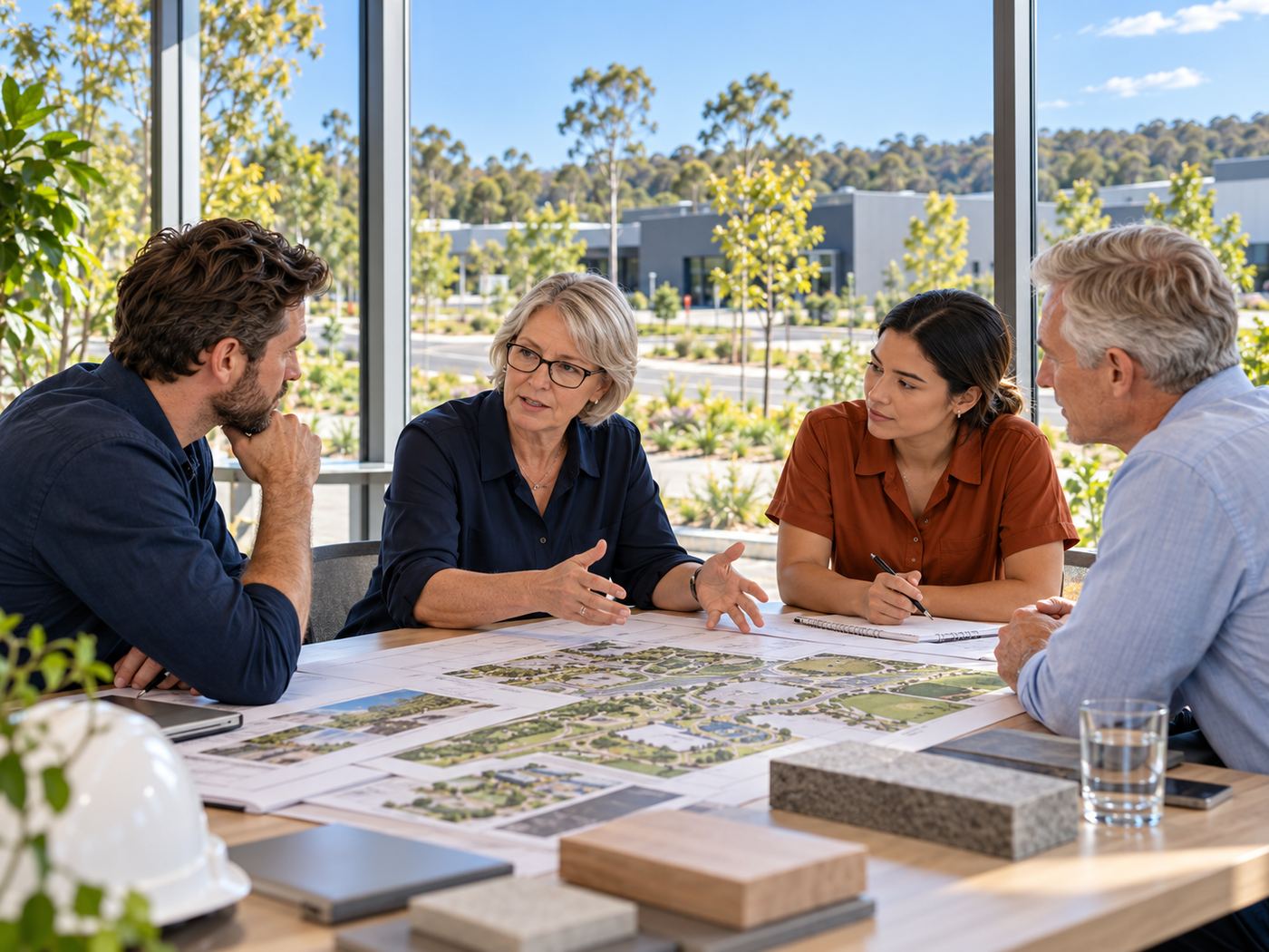 A project team discussing site plans around a table