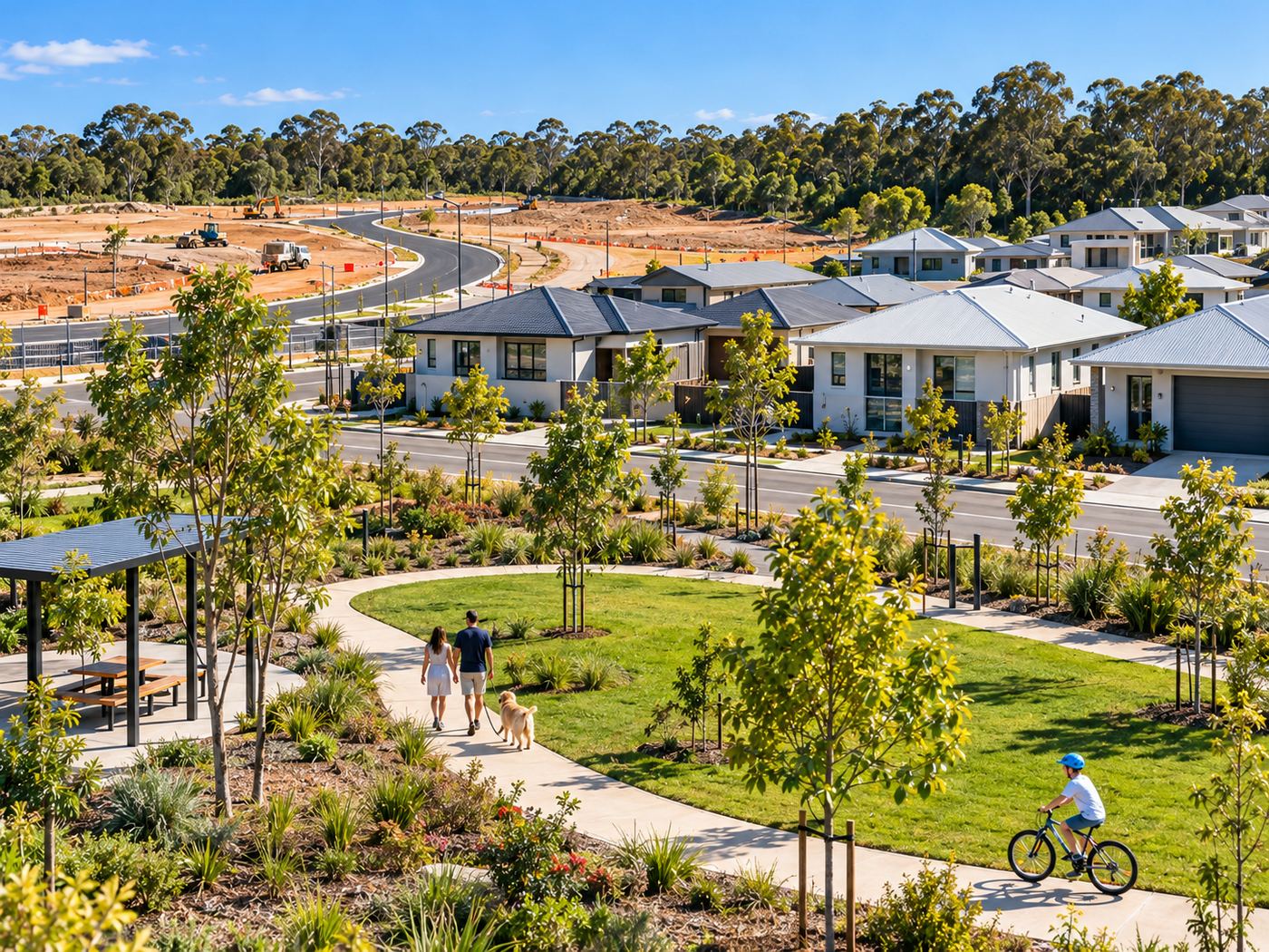 A new neighbourhood park with families walking and a child cycling, homes and the next stage beyond